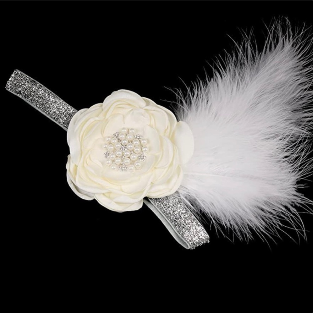 Newborn Flower and Feather Headband Pearl Broach Glitter Elastic Band NWT